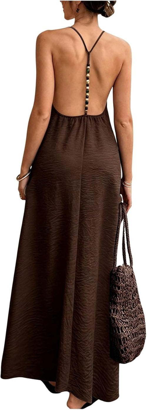 Verdusa Women's Backless Cami Dresses Linen Maxi Dress Sundress Open Back Vacation Beach Summer Outfits